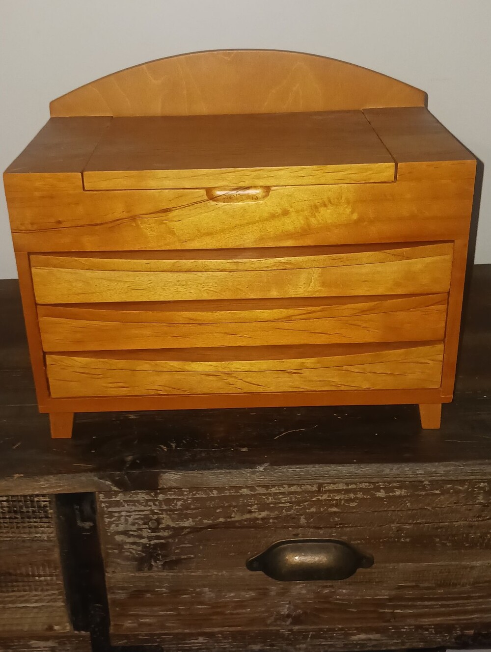 Scandinavian Style Honey Brown Jewelry Box 3 drawer velvet lined mirror